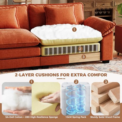 120" Modular Sectional Sofa, Comfy L-Shaped Cloud Couch with Movable Ottomans, Oversized 4-Seater Chenille Deep Seat Sofa Couch for Living Room, DIY Combination, Terracotta Orange