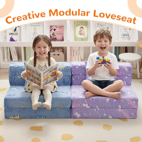 Foldable Futon Chair Bed for Kids, Glow Tri-Fold Sofa Bed Convertible Toddler Sofa Mattress, Foam Floor Couch for Sitting, Purple