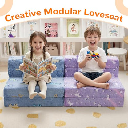 Foldable Futon Chair Bed for Kids, Glow Tri-Fold Sofa Bed Convertible Toddler Sofa Mattress, Foam Floor Couch for Sitting, Purple