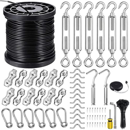 String Light Hanging Kits, 300FT Coated Stainless Steel 304 Wire Rope, Outdoor Light Guide Wire, Globe String Light Suspension Kit Included Turnbuckles, Enough Accessories, Use Manual