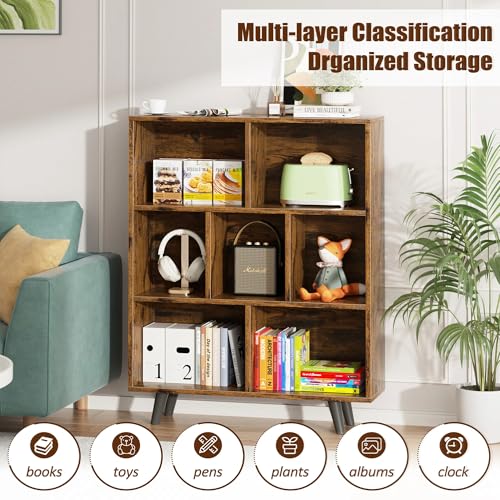 7 Cube Bookshelf, 3 Tier Mid-Century Modern Bookcase with Legs, Wooden Bookshelf Storage Organizer Display Bookcase for Bedroom, Living Room, Office, Rustic Brown