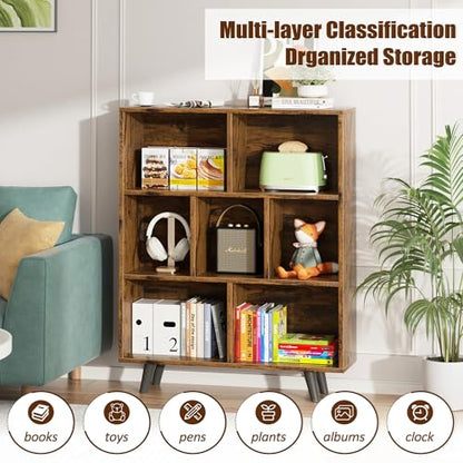 7 Cube Bookshelf, 3 Tier Mid-Century Modern Bookcase with Legs, Wooden Bookshelf Storage Organizer Display Bookcase for Bedroom, Living Room, Office, Rustic Brown