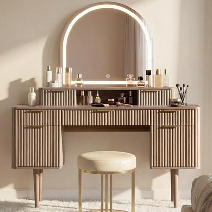 55.7" Fluted Vanity Desk with Arched Mirror, Modern Makeup Vanity, Oak, view 2