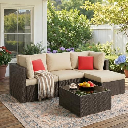 5 Piece Patio Furniture Sets, Outdoor Patio Set Sectional Sofa, All-Weather PE Rattan Outdoor Couch with Ottoman, Glass Table for Garden, Backyard, Porch, Beige
