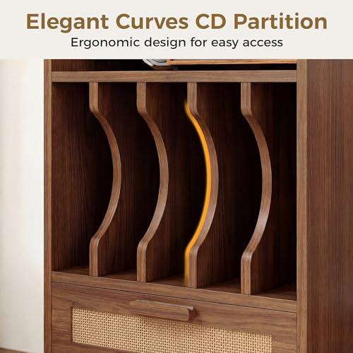 Record Player Stand with Power Outlets, Vinyl Storage Cabinet,Brown, view 5