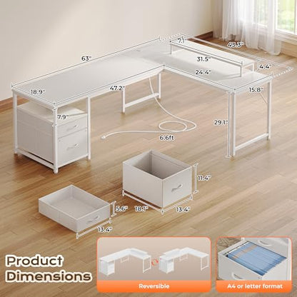 63 Inch L Shaped Desk with Power Outlets and USB-C Port, view 3