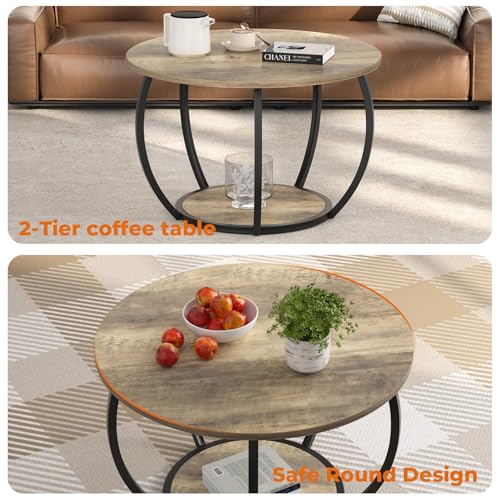 27.6 Inch Round Coffee Table with 2-Tier Storage | Center Table Living Room & Apartment Farmhouse Decor, Stable Waterproof Scratchproof Top, Lightweight Easy Assembly Gray Wash