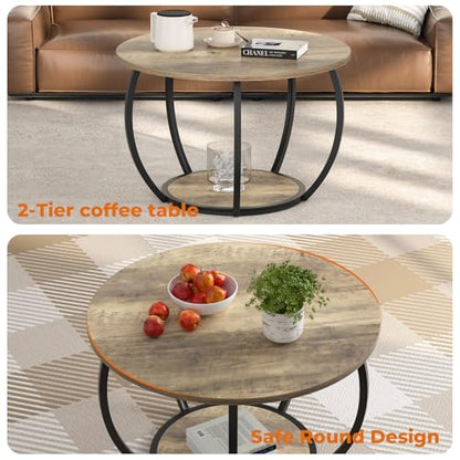 27.6 Inch Round Coffee Table with 2-Tier Storage | Center Table Living Room & Apartment Farmhouse Decor, Stable Waterproof Scratchproof Top, Lightweight Easy Assembly Gray Wash