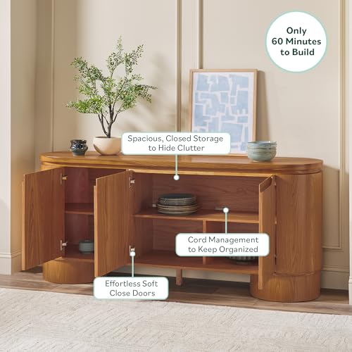 Maya Large Curved Modern Solid Oak Wood Veneer 70 Inch Sideboard TV Stand, view 5
