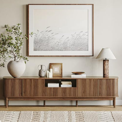 86.6'' Fluted TV Stand for 75/80/85 Inch TVs, Mid Century Modern Entertainment Center with Large Storage Space & Open Shelves, Walnut TV Console with Sliding Doors for Living Room