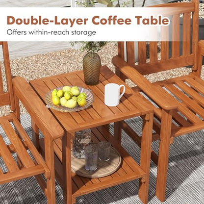 3 Piece Patio Conversation Set, Outdoor Wood Conversation Seat with Table and Umbrella Hole, Outdoor Furniture Set of 3 for Garden Poolside Backyard Balcony Porch