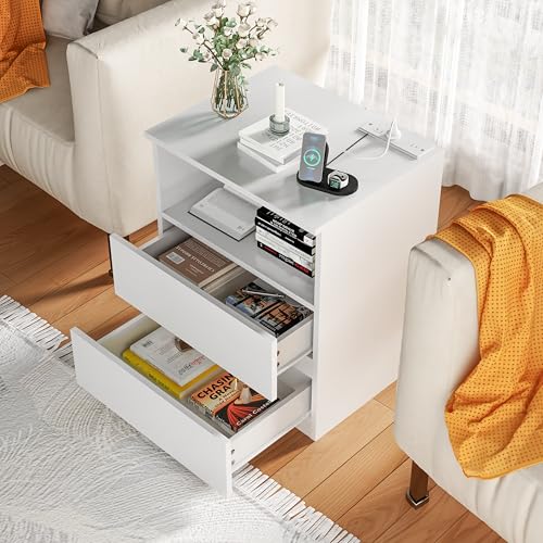 (Set of 2) End Table with Fast USB C Charging Station, Sofa Side Table with 2 Drawers, Large Storage Wood Storage Cabinet for Living Room,Bedroom,Office, White