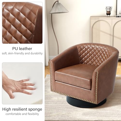 Swivel Barrel Accent Chair Set of 2, Comfy Modern Upholstered Round Faux Leather Arm Chair for Living Room, Bedroom, Brown