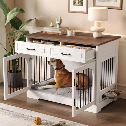 43.3" Dog Crate Furniture, Farmhouse Wooden Dog Kennel with 2 Storage Drawers, view 4