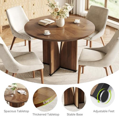 39-Inch Round Dining Table for 4, Rustic Kitchen Table with X-Shaped Stable Pedestal, Farmhouse Dinner Table for Dining Room, Living Room, Dark Brown