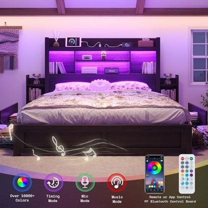 King Size Bed Frame with Bookcase Headboard & Storage, Black, view 7