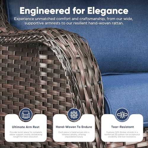 Patio Wicker Chairs Swivel Rocker,Outdoor Patio Furniture Set with Rattan Side Table, All Weather Conversation Set for Porch Poolside Balcony, Brown Wicker/Blue