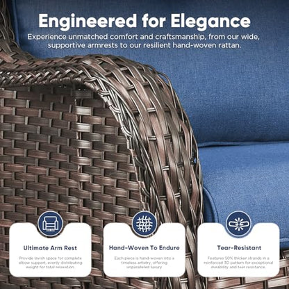 Patio Wicker Chairs Swivel Rocker,Outdoor Patio Furniture Set with Rattan Side Table, All Weather Conversation Set for Porch Poolside Balcony, Brown Wicker/Blue