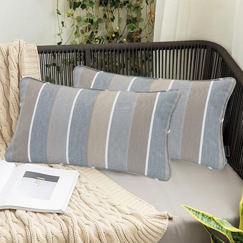 Outdoor Lumbar Pillow Covers 12X20 Inch, No Insert-Grey Stripe