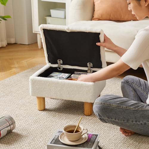 Ottoman with Storage, Small Foot Rest for Couch 16x12x9.5inch, Safety Hinge Flip Top Foot Stool Load up to 330lb for Living Room Dorm Teddy White YD-JD136W