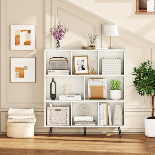 8-Cube Bookcase, 3-Tier Modern Bookshelf with 5 Metal Legs, 39.5" Freestanding Open Storage Organizer with 2 Anti-tip Devices, Mid-Century Display Rack for Living Room (39.5" x 9.5" x 42")