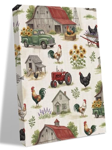 NuYeBiofx Rustic Chicken Truck Sunflower Canvas Wall Art Prints,40"x28" Framed Picture Artwork Country Vintage Farmhouse Theme Printed Canvas Oil Painting for Living Room Bedroom Office,Ready to Hang