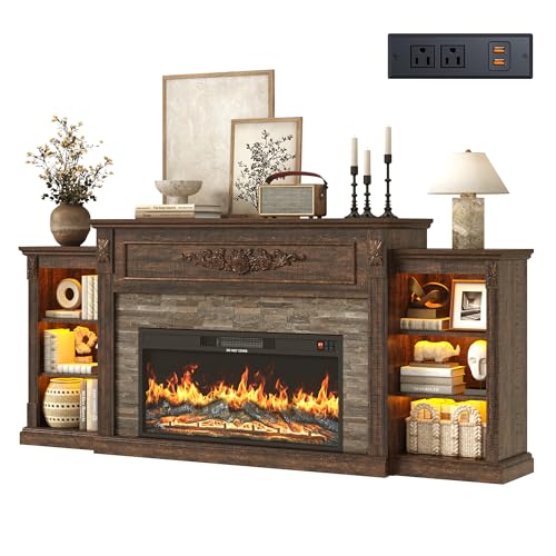 Farmhouse Fireplace with Mantel, 85" W 37.6" H TV Stand for 95" TV, Brown, view 2