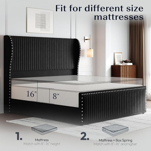 Queen Size Bed Frame with 55" Headboard Nailhead Trim Design, Black, view 5
