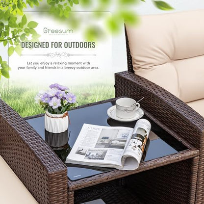 3 Pieces Patio Furniture Sets Outdoor PE Rattan Wicker Chairs with Soft Cushion and Glass Coffee Table for Garden Backyard Porch Poolside, Beige