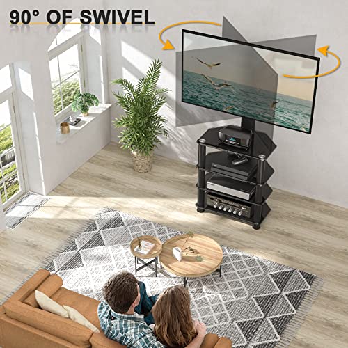 TAVR 4-Tiers Media Component Swivel TV Stand for 32-70 inch TVs | Height Adjustable TV Mount Stand with Tempered Glass Audio Shelf, Floor Tall TV Stand for Bedroom, Living Room, Office, Black
