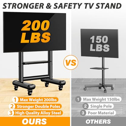 Heavy Duty Rolling TV Stand for 50-98 Inch TVs Holds up to 200 Lbs | Outdoor TV Stand with Height Adjustment and Large Shelf, Floor TV Stand with Wheels, Max VESA 800x600mm, Black