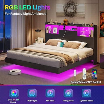 King Floating Bed Frame with LED Lights and Storage Headboard, view 5