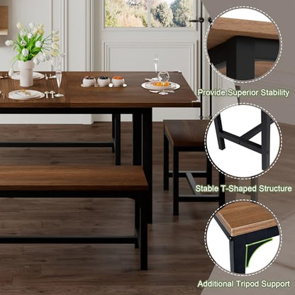 5-Piece Dining Table Set for 4-8 People, 63" Extendable Kitchen Table with 2 Benches and 2 Square Stools, Mid-Century Modern Wooden Dining Room Table, Space-Saving, Walnut