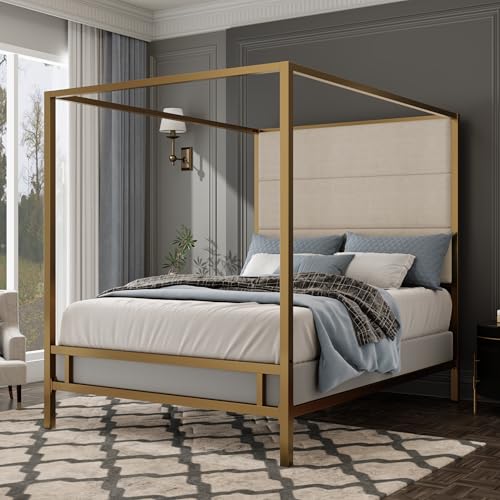 Canopy Bed Frame Queen, Tall Velvet Upholstered Headboard, view 2