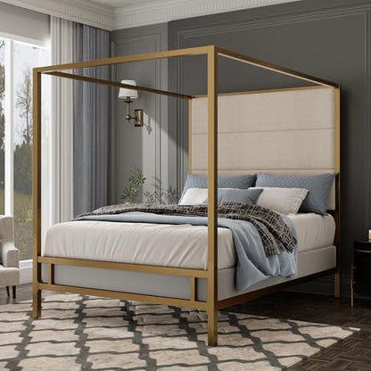 Canopy Bed Frame Queen, Tall Velvet Upholstered Headboard, view 2