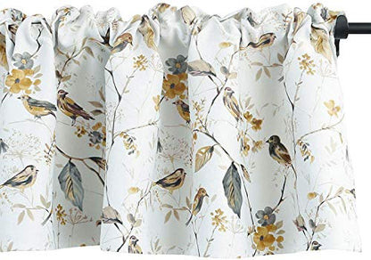 Gray Birds Valance for Kitchen Windows Floral Print Window Shades Rod Pocket Curtain Valances for Cafe Farmhouse, 52''x14'', One Piece