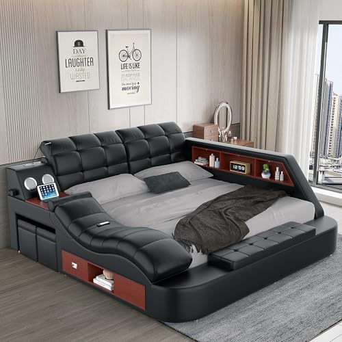 Black multifunctional massage recliner bed with music and charging features, view 2