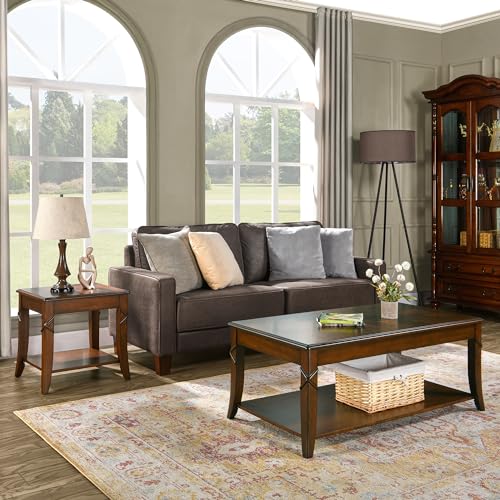 Solid Wood Coffee Table with Storage Shelf, Mid-Century Living Room Table with Wood Carved Tabletop and Leg, 43.3” Splicing Cocktail Center Table,Easy Assembly, Cherry Brown KFZ-DR200