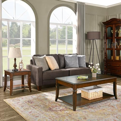 Solid Wood Coffee Table with Storage Shelf, Mid-Century Living Room Table with Wood Carved Tabletop and Leg, 43.3” Splicing Cocktail Center Table,Easy Assembly, Cherry Brown KFZ-DR200