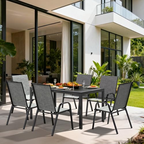 Outdoor Dining Sets for 6, Rectangular Steel Slat Table with 6 Textilene Chairs, 7 Piece Patio Table and Chairs Set with Umbrella Hole for Patio, Garden, Backyard and Poolside (Grey)