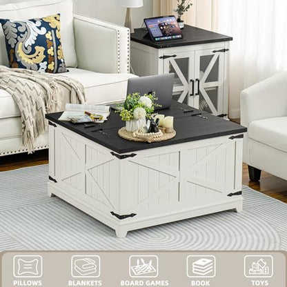 Farmhouse Coffee Table Sets 3 Pieces, Narrow Night Stand with Glass Barn Door Storage, Large Coffee Tables with Hidden Storage Organizer, Wood Furniture Sets for Living Room, Office, White