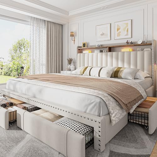King Size Bed Frame with 4 Storage Drawers & Storage Headboard, view 2