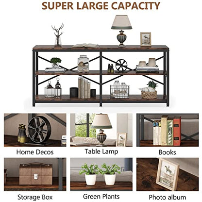 Tribesigns 70.9 Inch Extra Long Console Table, Modern Sofa Table Behind Couch Table with Storage Shelves, 3-Tier Industrial Hallway Entryway Table for Living Room, 3 Shelf Bookshelf(Brown)