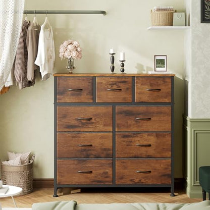 Dresser for Bedroom, 9 Storage Drawers, Wide Fabric Closet Chests Organizer Tower Furniture, TV Stand with Wooden Top Metal Frame for Clothes, Living Room, Hallway, Entryway, Rustic Brown