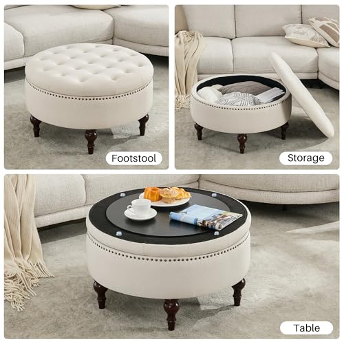 31.5" Large Round Storage Ottoman, Upholstered Tufted Linen Ottoman Coffee Table, Large Footrest with Solid Wooden Legs and Nailheads, Side Table for Living Room Bedroom Office, Beige