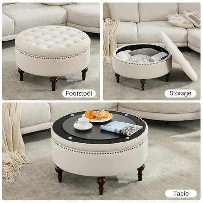 31.5" Large Round Storage Ottoman, Upholstered Tufted Linen Ottoman Coffee Table, Large Footrest with Solid Wooden Legs and Nailheads, Side Table for Living Room Bedroom Office, Beige
