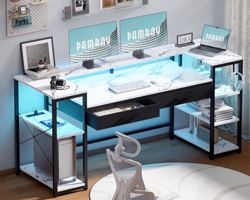 58 Inch Computer Desk with Monitor Stand and Shelves Gaming Desk with LED Lights & Power Outlets PC Vanity Table with 2 Drawers for Home Office Marble