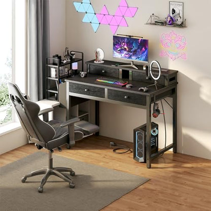 Small Desk with Drawers for Home Office Bedroom, 31 inch Black Writing Study Desks with Fabric Drawers Storage, Gaming Desk Table with Power Outlet & Monitor Stand, Black