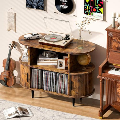 Large Record Player Stand with Storage and Shelves, Brown, view 5