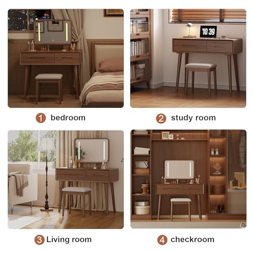 Solid Wood Vanity Desk with Mirror and 3 Lighting Modes, view 5